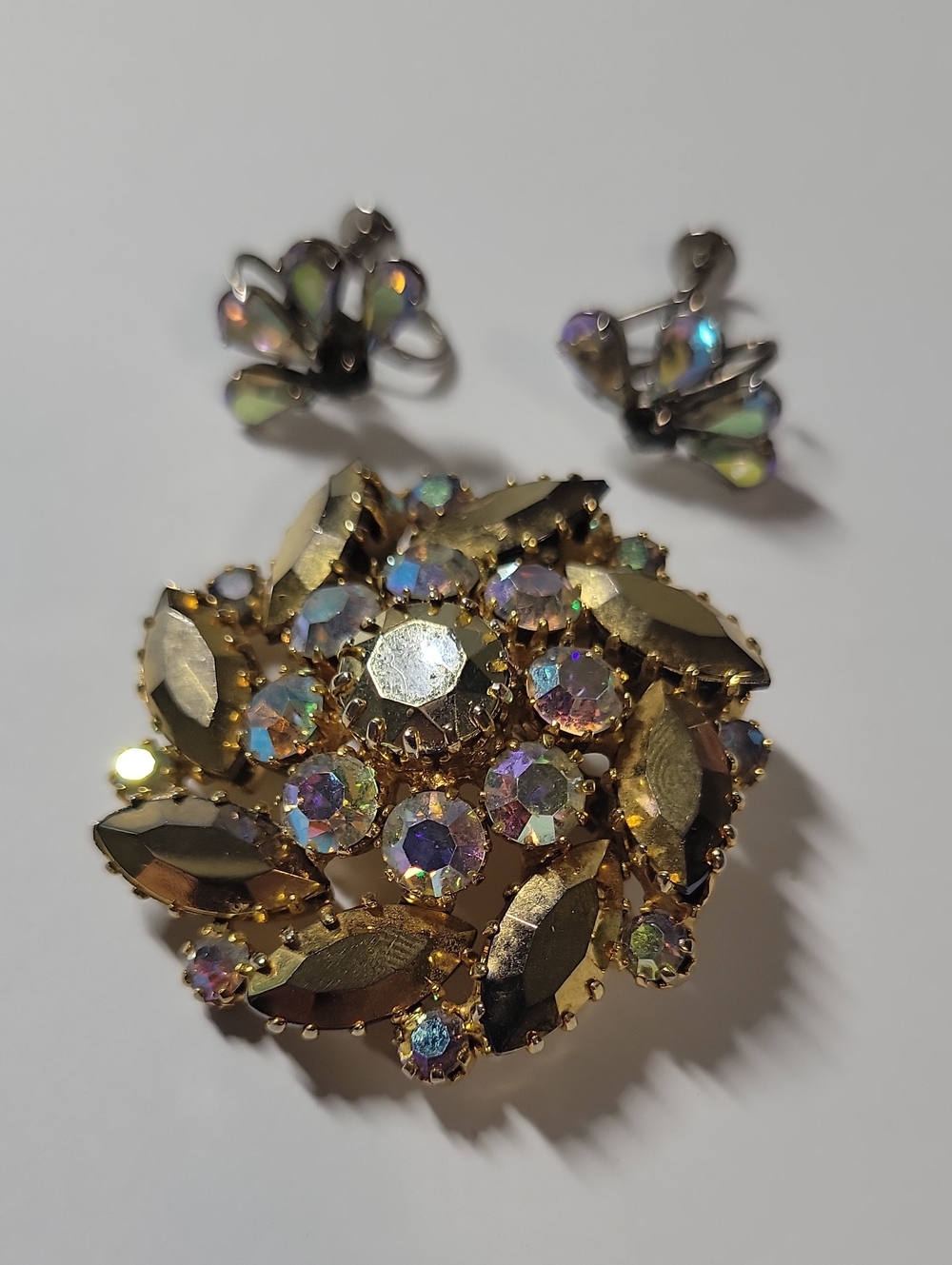 Gold-Tone Aurora Crystal Floral Brooch and Clip Earrings Set - Women Jewelry